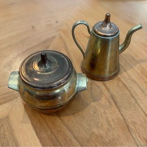 Vintage miniature Brass & Copper Teapot and Sugar Bowl Set